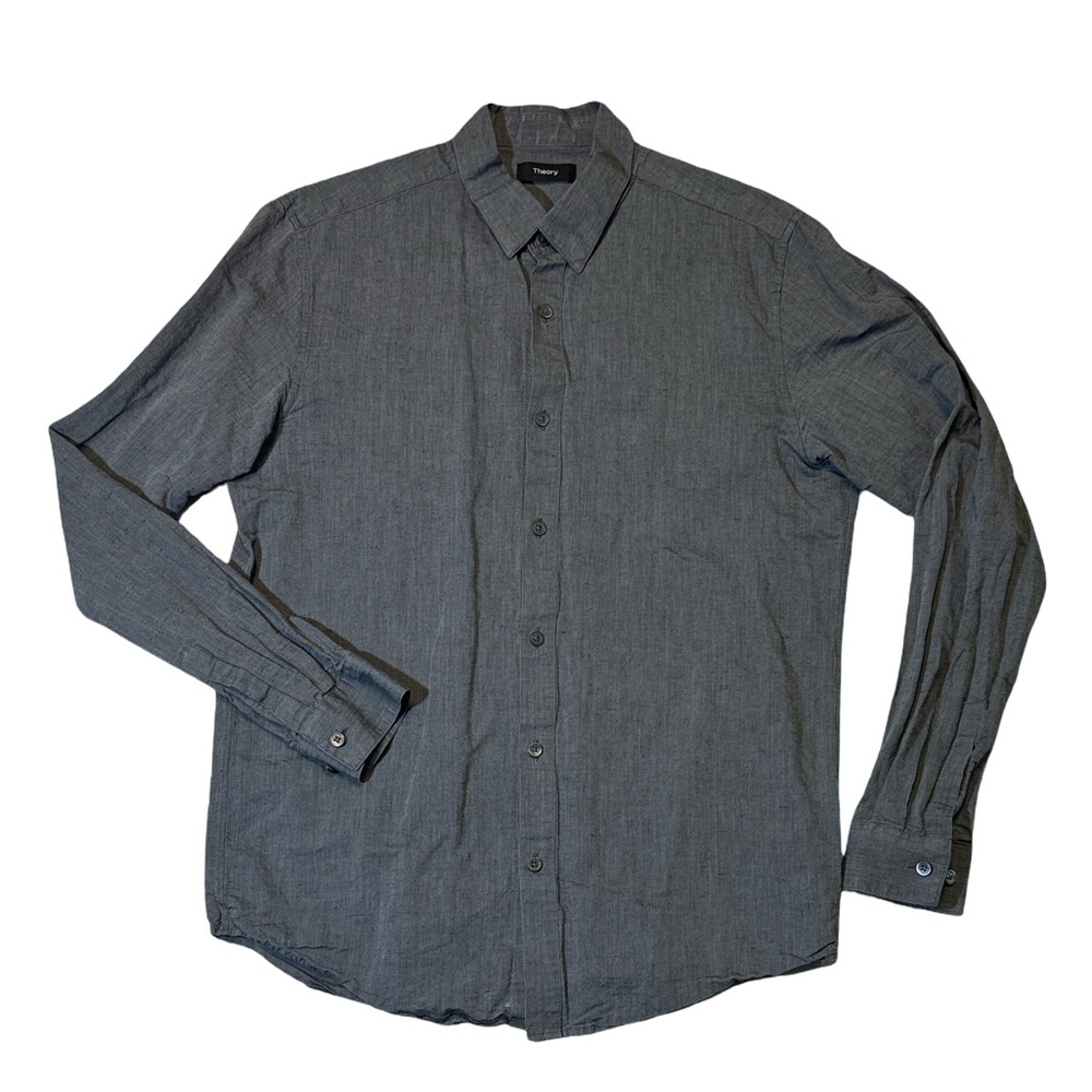Theory mens M Medium gray solid linen cotton blend button up casual shirt EUC